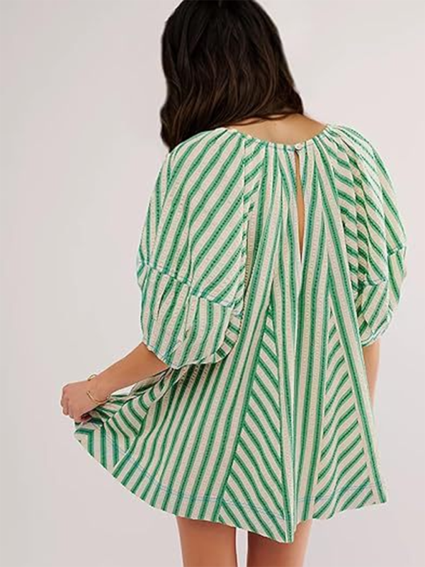 TEEK - Short-Sleeved Striped Deep V Wide-Leg Short Romper JUMPSUIT TEEK K   