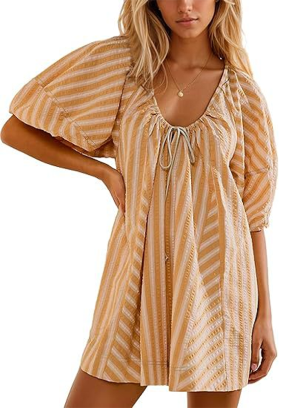 TEEK - Short-Sleeved Striped Deep V Wide-Leg Short Romper JUMPSUIT TEEK K   