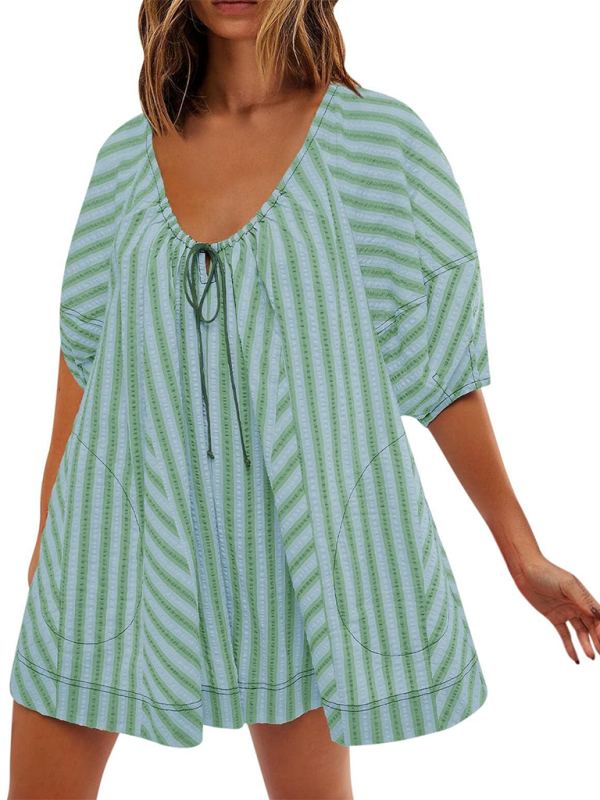 TEEK - Short-Sleeved Striped Deep V Wide-Leg Short Romper JUMPSUIT TEEK K Pale Green S 