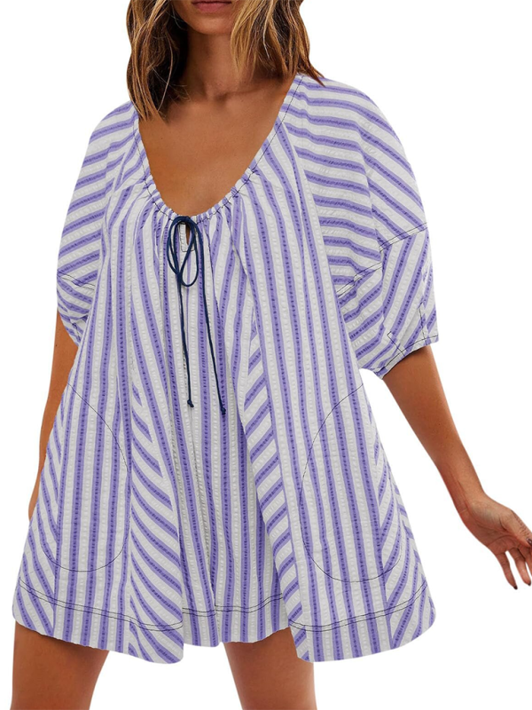 TEEK - Short-Sleeved Striped Deep V Wide-Leg Short Romper JUMPSUIT TEEK K Purple S 