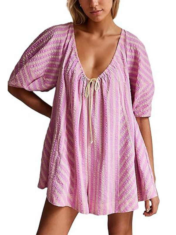 TEEK - Short-Sleeved Striped Deep V Wide-Leg Short Romper JUMPSUIT TEEK K   