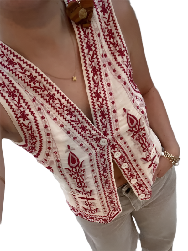 TEEK - White Red V-neck Embroidered Vest VEST TEEK K XS