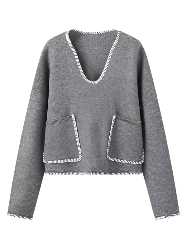 TEEK - Grey Double Pocket Knit V-Neck Sweater SWEATER TEEK K   