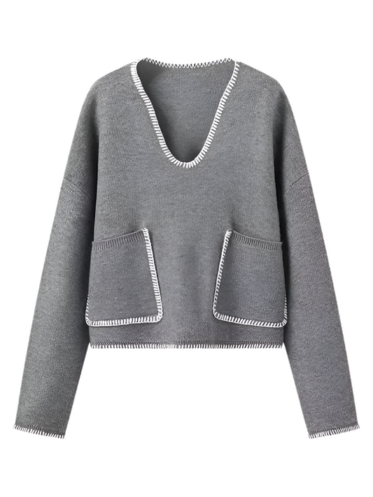 TEEK - Grey Double Pocket Knit V-Neck Sweater SWEATER TEEK K   