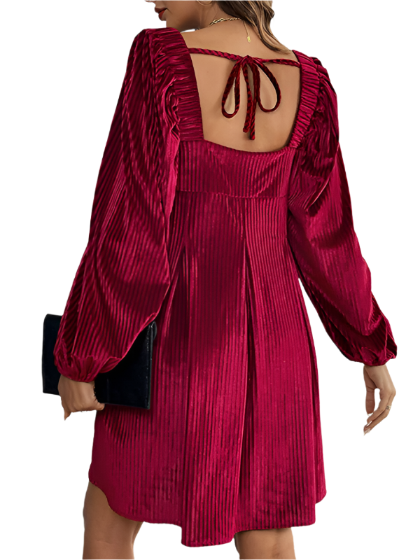 TEEK - Wine Red Velvet Square Neck Pocketed Backless Dresses DRESS TEEK K