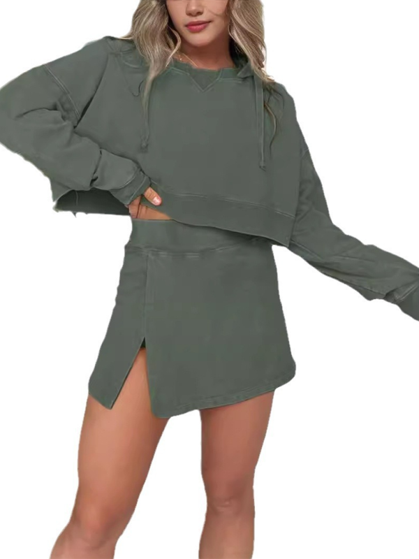 TEEK - Long-Sleeved Hooded Sweatshirt Skirt Set SET TEEK K Green S 