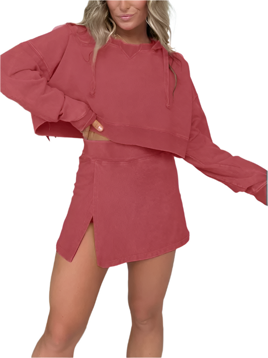 TEEK - Long-Sleeved Hooded Sweatshirt Skirt Set SET TEEK K Red S 