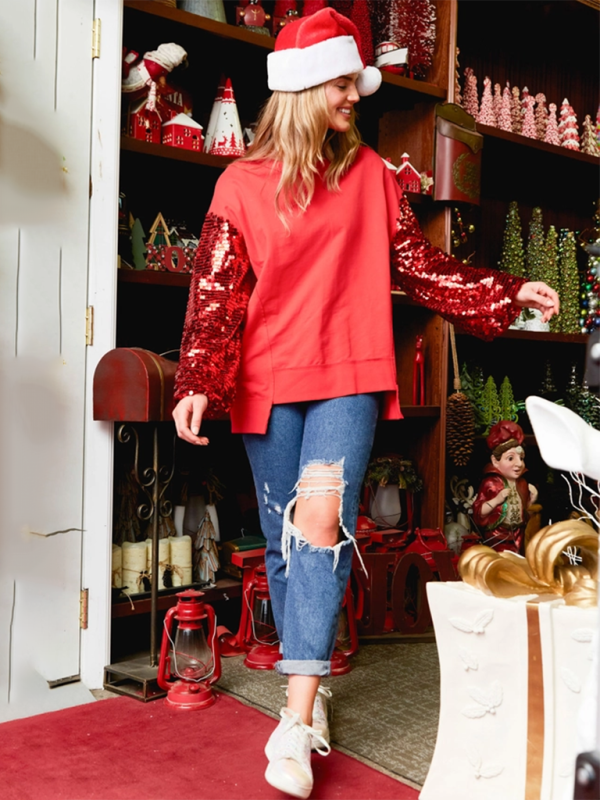 TEEK - Holiday Sequin Sleeve Sweatshirt TOPS TEEK K   