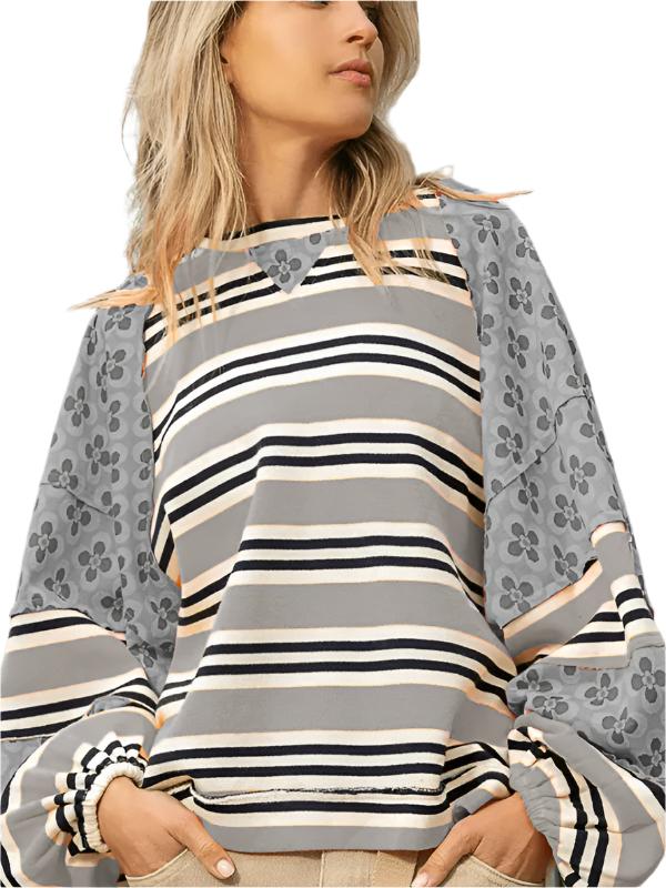 TEEK - Mixed Media Striped Loose Long Sleeve Sweatshirt TOPS TEEK K Misty Grey S 