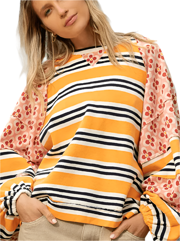 TEEK - Mixed Media Striped Loose Long Sleeve Sweatshirt TOPS TEEK K   