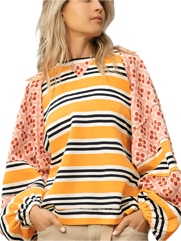 TEEK - Mixed Media Striped Loose Long Sleeve Sweatshirt TOPS TEEK K   