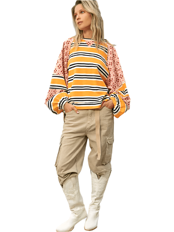 TEEK - Mixed Media Striped Loose Long Sleeve Sweatshirt TOPS TEEK K Yellow S 