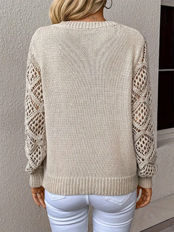 TEEK - V-Neck Open Knit Long Sleeve Solid Color Top TOPS TEEK K