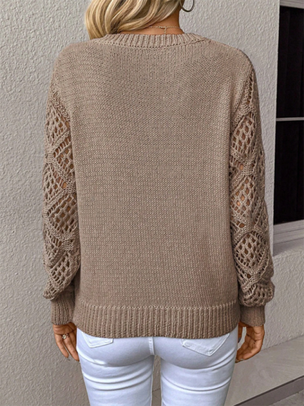 TEEK - V-Neck Open Knit Long Sleeve Solid Color Top TOPS TEEK K