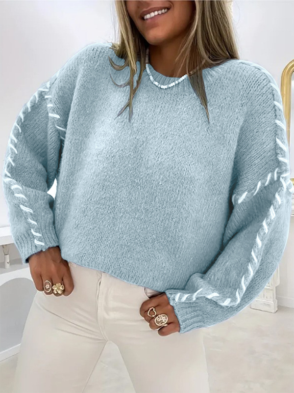 TEEK - Pullover Long Sleeve Drawstring Loose Knitted Sweater TOPS TEEK K Clear Bblue S