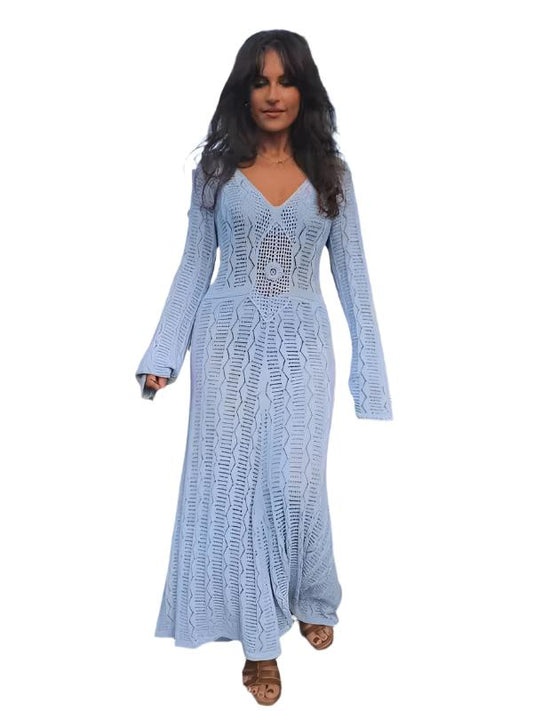 TEEK - Blue Long Sleeve Long Knit Dress DRESS TEEK K