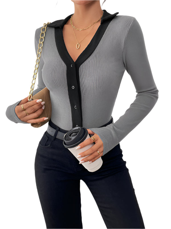 TEEK - Charcoal Grey Collared Contrast Pit Stripe Brushed Bodysuit TOPS TEEK K S