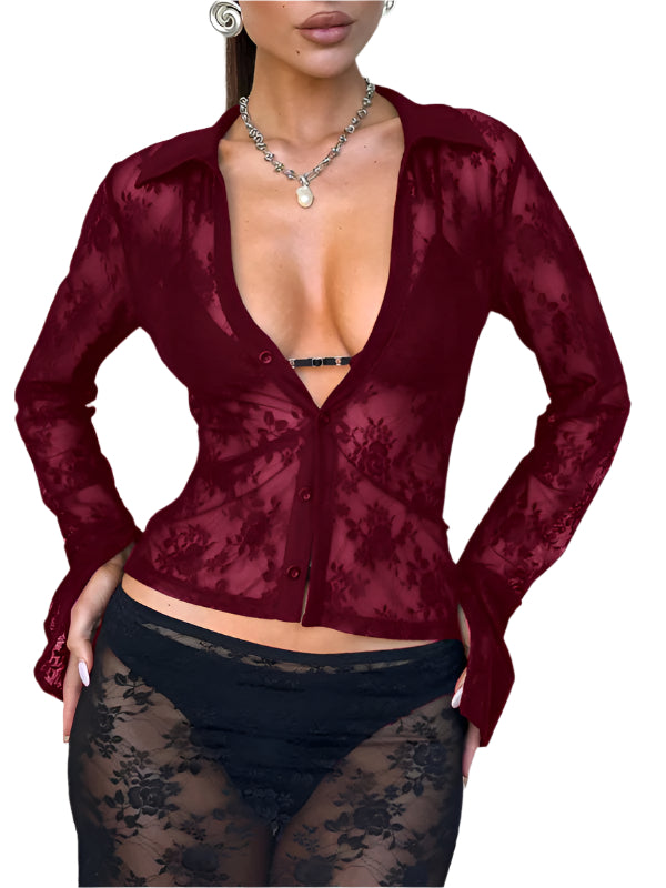 TEEK - Sheer Cardigan Lace Top TOPS TEEK K Wine Red S