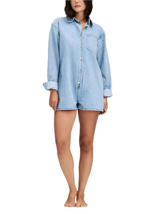 TEEK - Lapel Long Sleeve Shorts Denim Romper JUMPSUIT TEEK K Clear Blue S