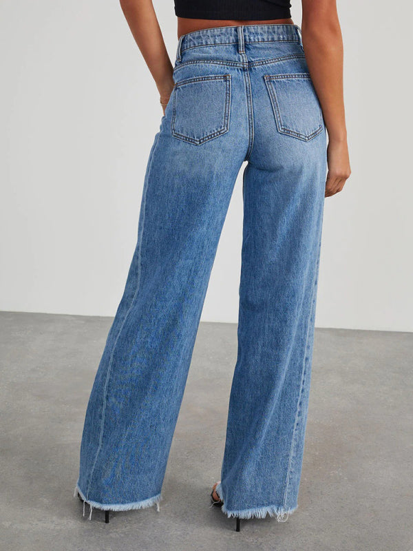 TEEK - Loose Wide Leg Side Seam Paneled Frayed Hem Jeans JEANS TEEK K