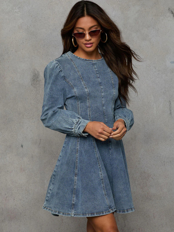 TEEK - Darling Waist Denim Long Sleeve Dress DRESS TEEK K Denim Blue S