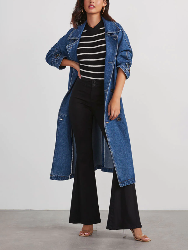 TEEK - Denim Cotton Double Pocketed Long Button Coat COAT TEEK K Denim Blue S