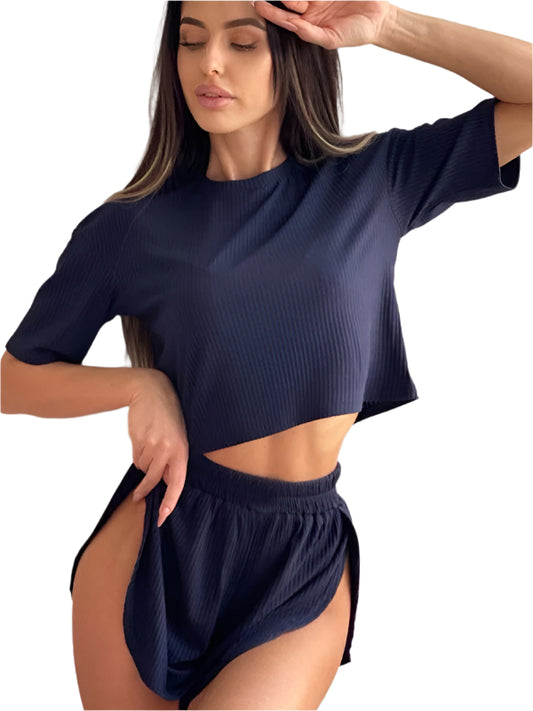 TEEK - Round Neck Short Sleeve Top Shorts Loungewear Set SET TEEK K Purplish Blue Navy S