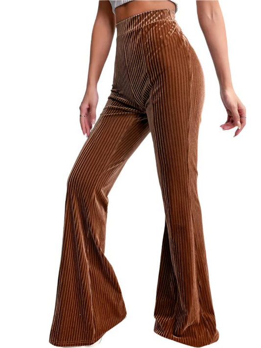 New style corduroy wide-leg casual pants fashionable solid color high waist flared pants  kakaclo Brown S 