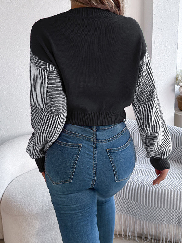 Casual striped lantern sleeve pullover with exposed belly button sweater  kakaclo   