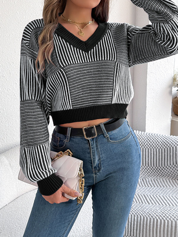 Casual striped lantern sleeve pullover with exposed belly button sweater  kakaclo   