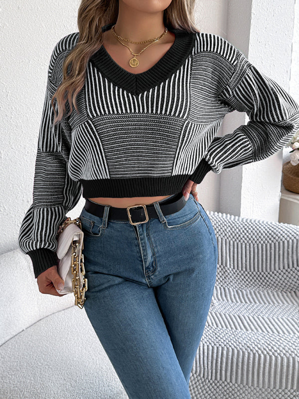 Casual striped lantern sleeve pullover with exposed belly button sweater  kakaclo   