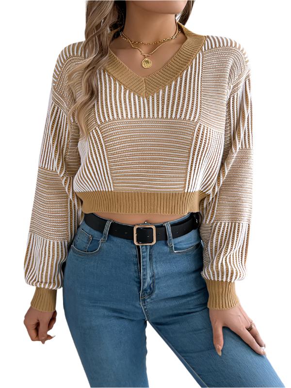 Casual striped lantern sleeve pullover with exposed belly button sweater  kakaclo Khaki S 