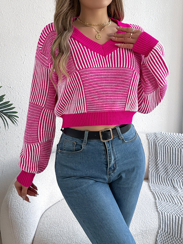 Casual striped lantern sleeve pullover with exposed belly button sweater  kakaclo   