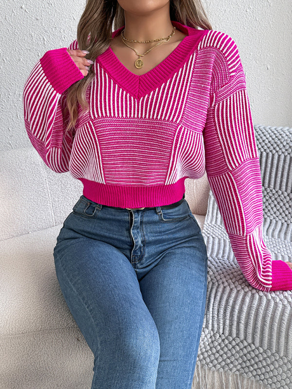 Casual striped lantern sleeve pullover with exposed belly button sweater  kakaclo   