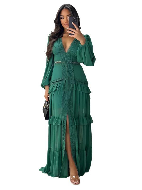 Elegant patchwork long sleeve V-neck dress  kakaclo Deep green S 