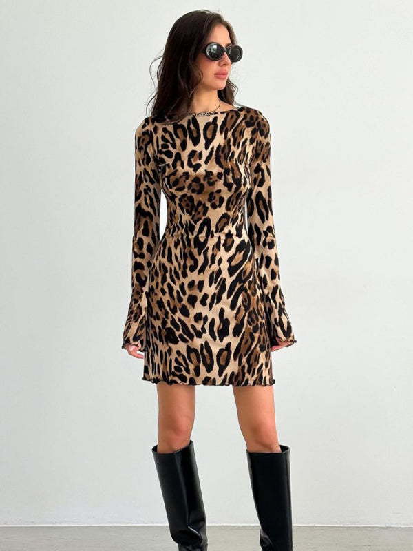 New high waist round neck long sleeve leopard print dress  kakaclo   