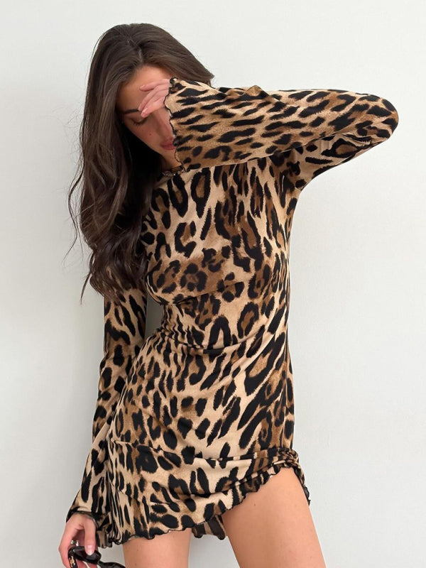 New high waist round neck long sleeve leopard print dress  kakaclo   