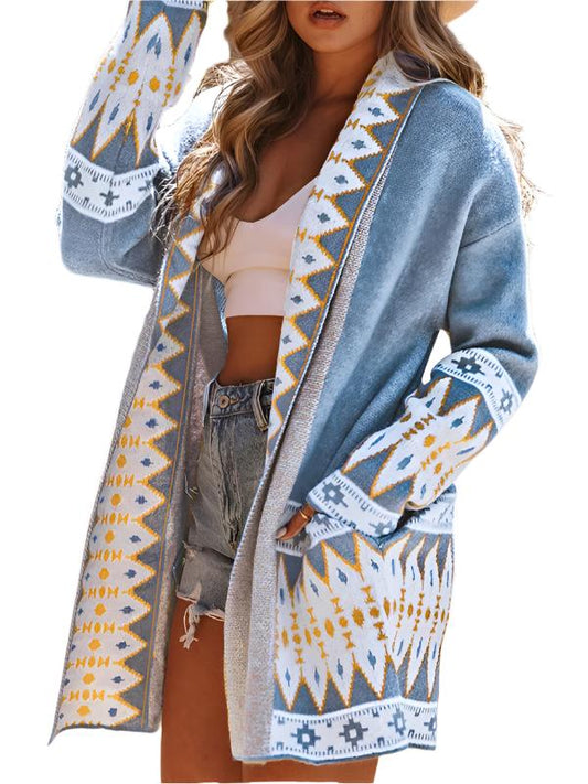 New ethnic style printed long-sleeved knitted sweater cardigan jacket  kakaclo Blue S 