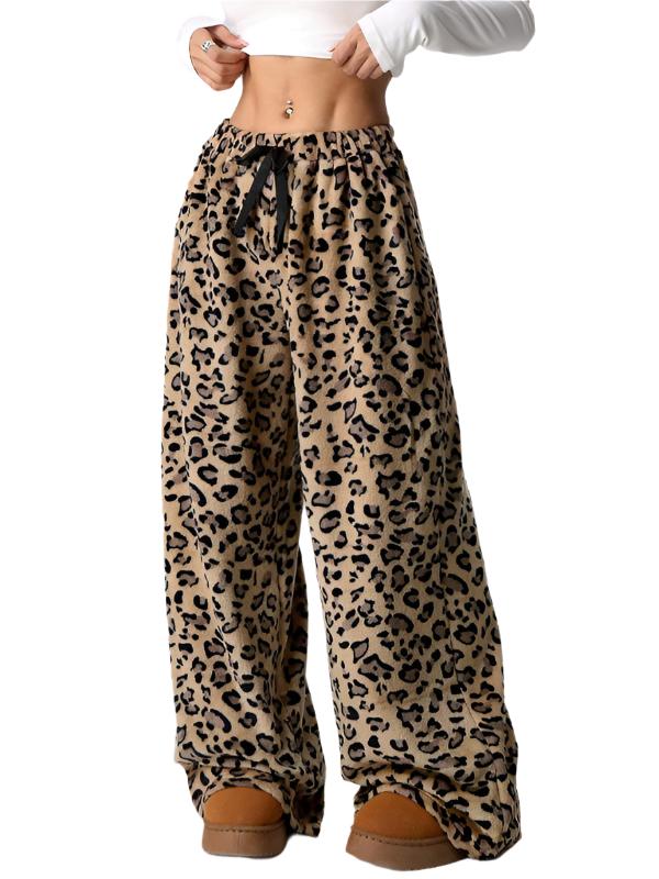 New Casual Pants Leopard Print Lace-Up Wide-Leg Pants  kakaclo Brown S 