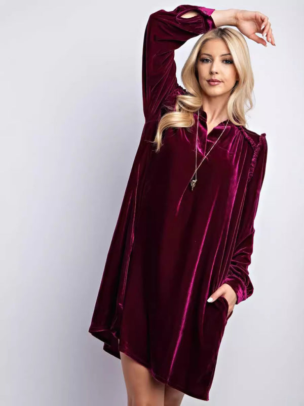 New velvet simple solid color loose straight dress  kakaclo Wine Red S 