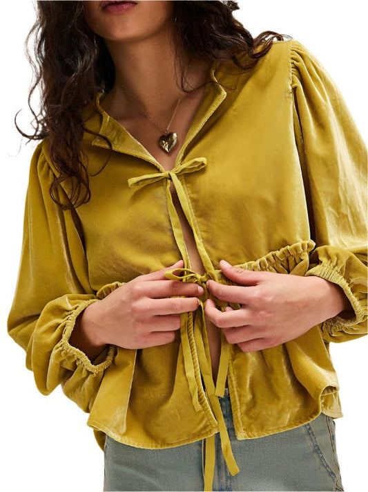 New women's sweet casual tie velvet shirt  kakaclo Yellow S 