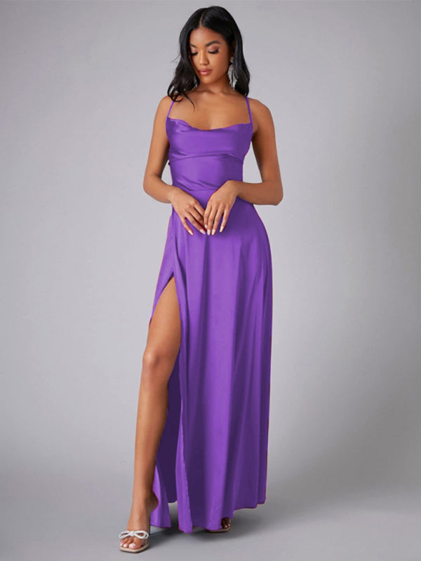 Women's sexy slim fit backless suspenders waist dress long dress  kakaclo Purple S 