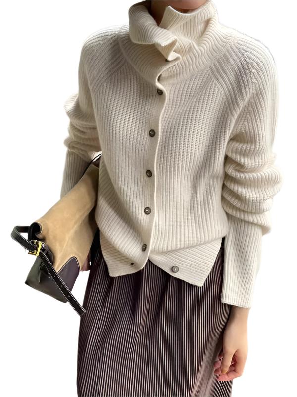 Fashion Knitted Sweater Turtleneck Single Breasted Loose Long Sleeve Cardigan  kakaclo Cream F 