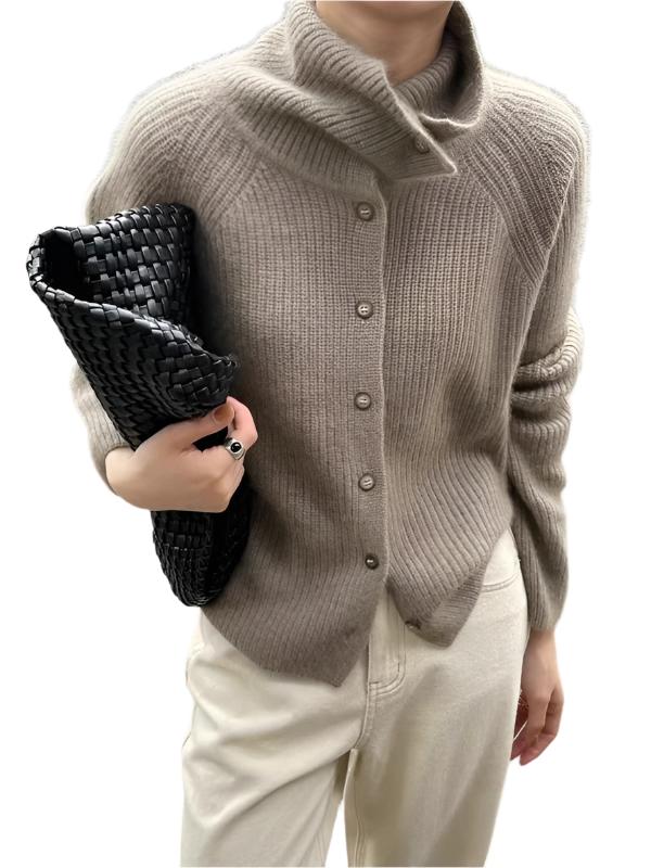 Fashion Knitted Sweater Turtleneck Single Breasted Loose Long Sleeve Cardigan  kakaclo Camel F 