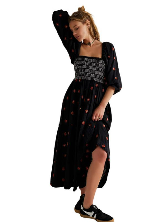 TEEK - Black Embroidered Square Neck Sunflowers Dress DRESS TEEK K