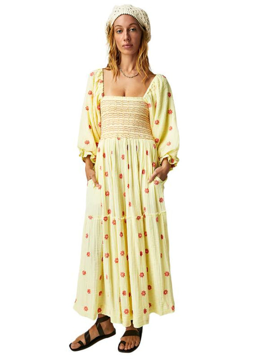 TEEK - Embroidered Square Neck Sunflower Light Yellow Dress DRESS TEEK K
