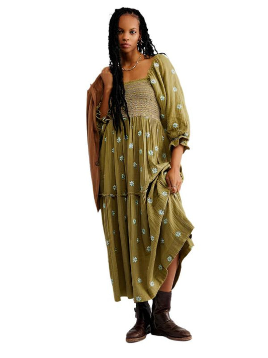 TEEK - Embroidered Square Neck Sunflower Green Dress DRESS TEEK K