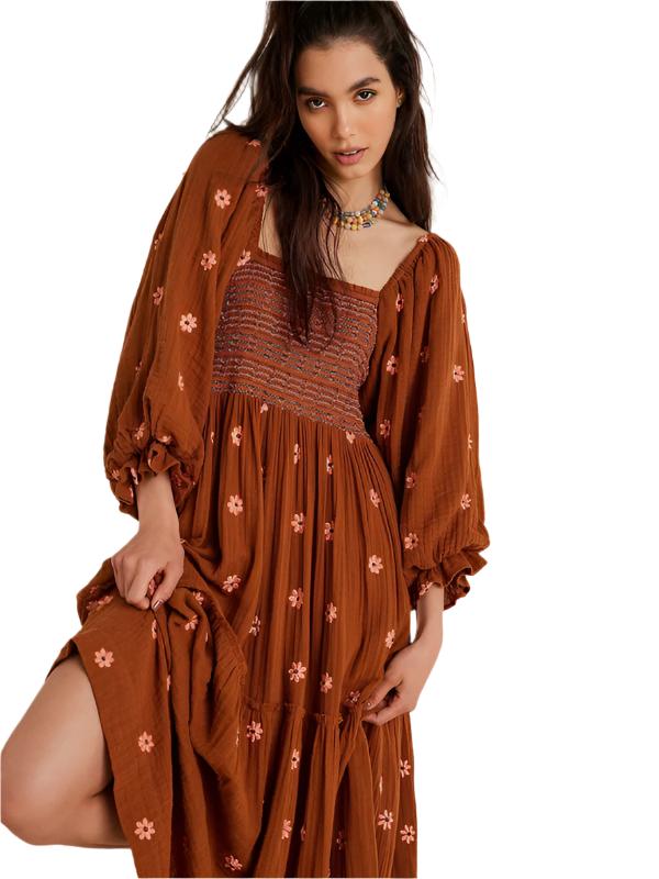 New Casual Embroidered Square Neck Sunflower Brown Dress  kakaclo Brown S 