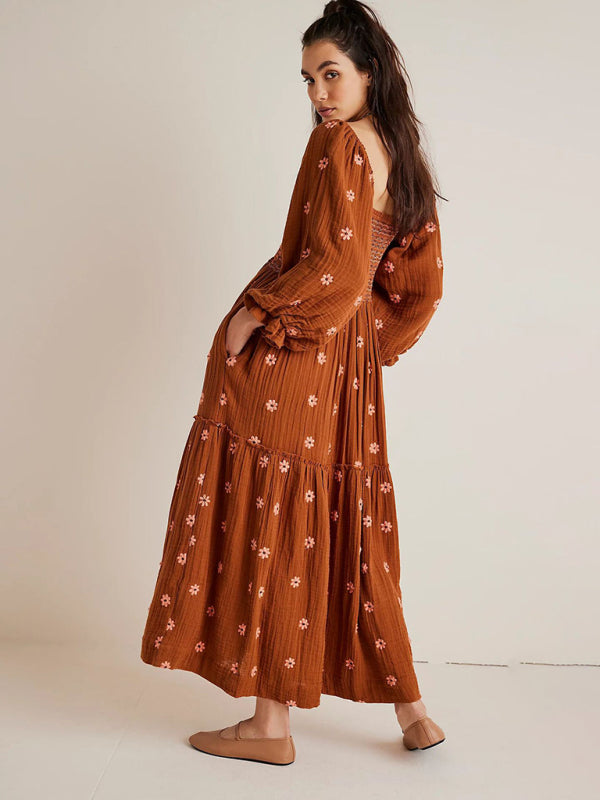 New Casual Embroidered Square Neck Sunflower Brown Dress  kakaclo   