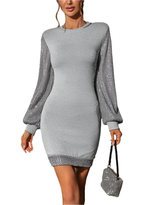 TEEK - Misty Grey Mid-Length Sequins Sweater Dress DRESS TEEK K